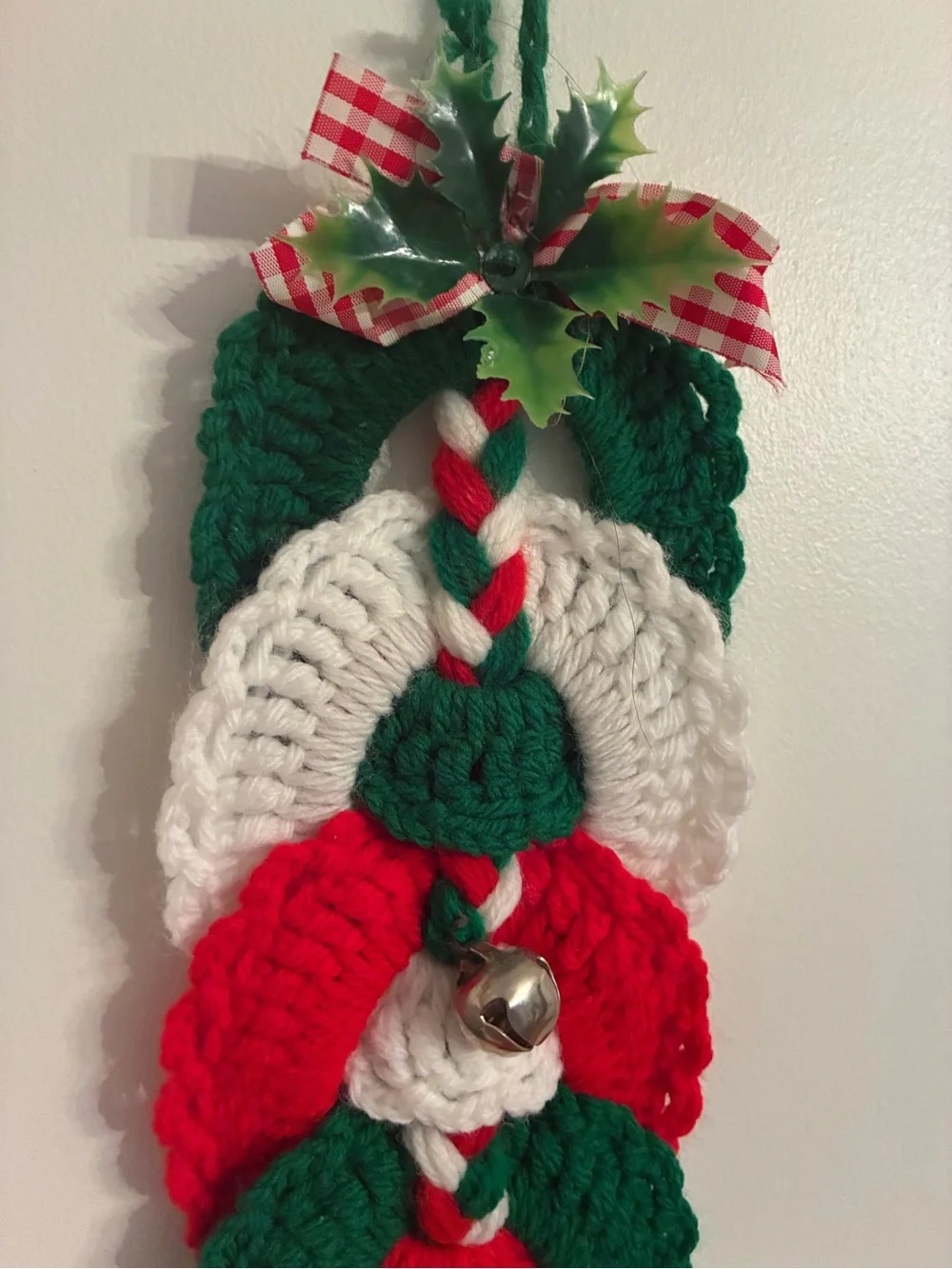 Vintage Hand Crochet Christmas Door Hanger Jingle Bells Garland Holiday Decor